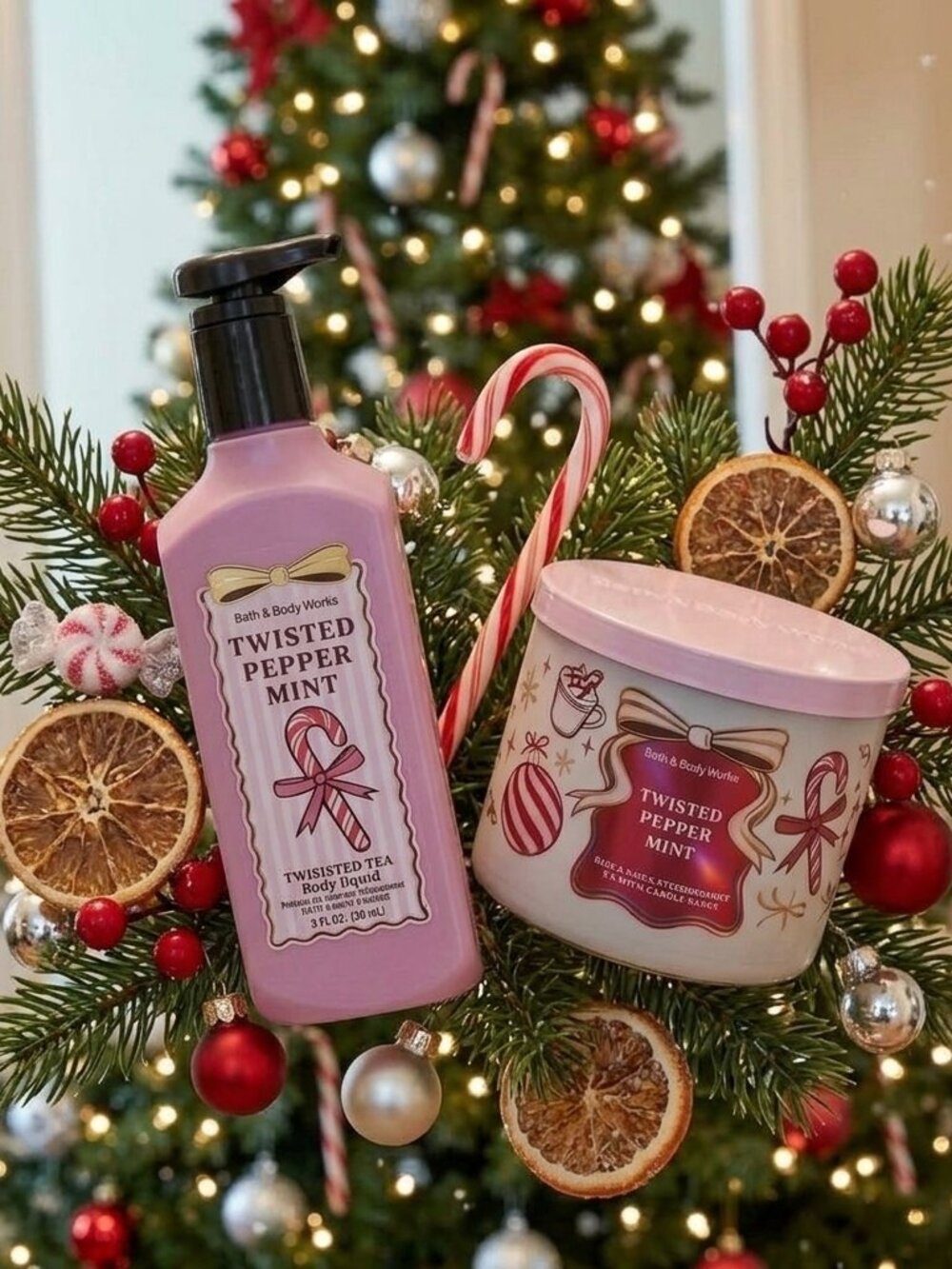 Bath & Body Works Twisted Peppermint Hand Soap & 3 wick Candle -